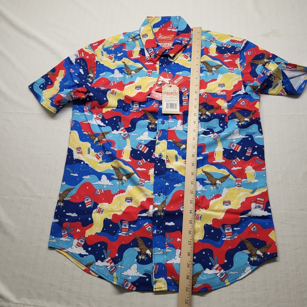 RSVLTS Button Down Shirt Mens Large Blue Budweiser Kunuflex Short Sleeve Stretch - Picture 10 of 11
